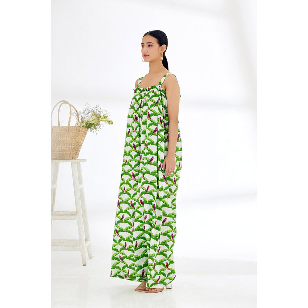Nikasha White & Green Hand Painted Parakeet Print Jumpsuit