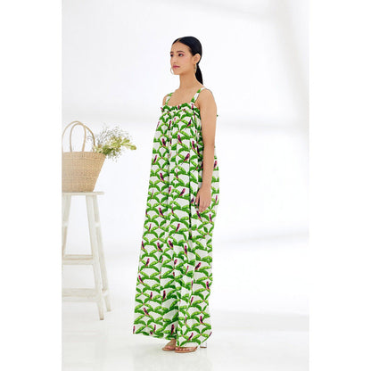 Nikasha White & Green Hand Painted Parakeet Print Jumpsuit