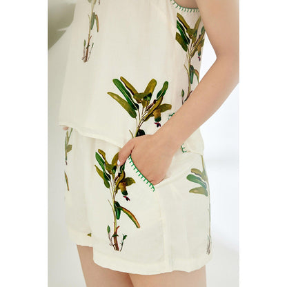 Nikasha Off White Hand Painted Banana Tree Print Co-Ord (Set of 2)