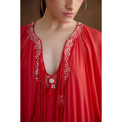 Nikasha Red Hand Mirror Work Maxi Dress
