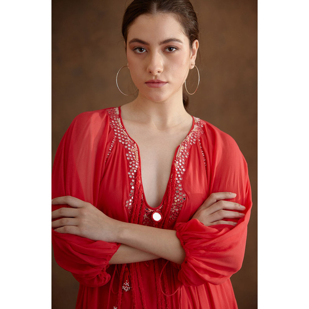 Nikasha Red Hand Mirror Work Maxi Dress