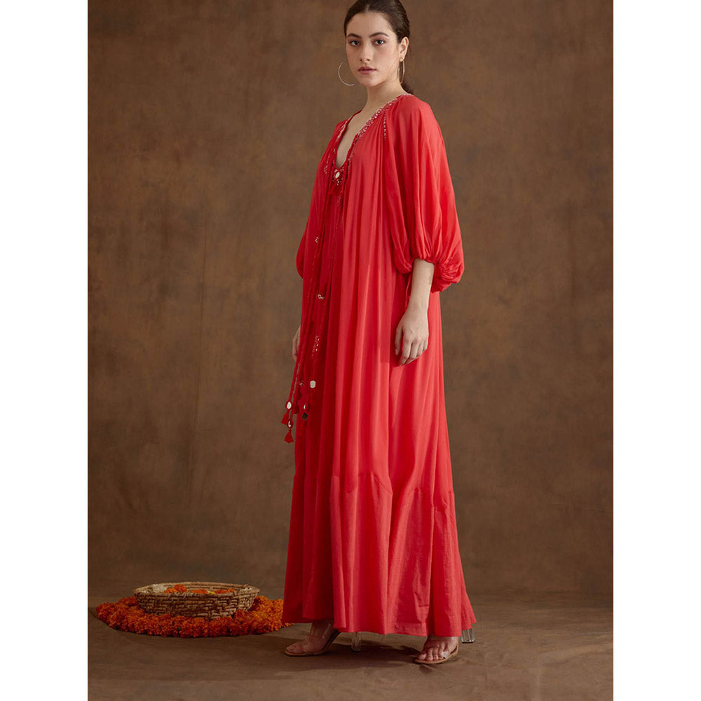 Nikasha Red Hand Mirror Work Maxi Dress