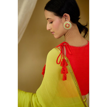 Nikasha Lime Green Pure Silk Chiffon Saree with Stitched Blouse