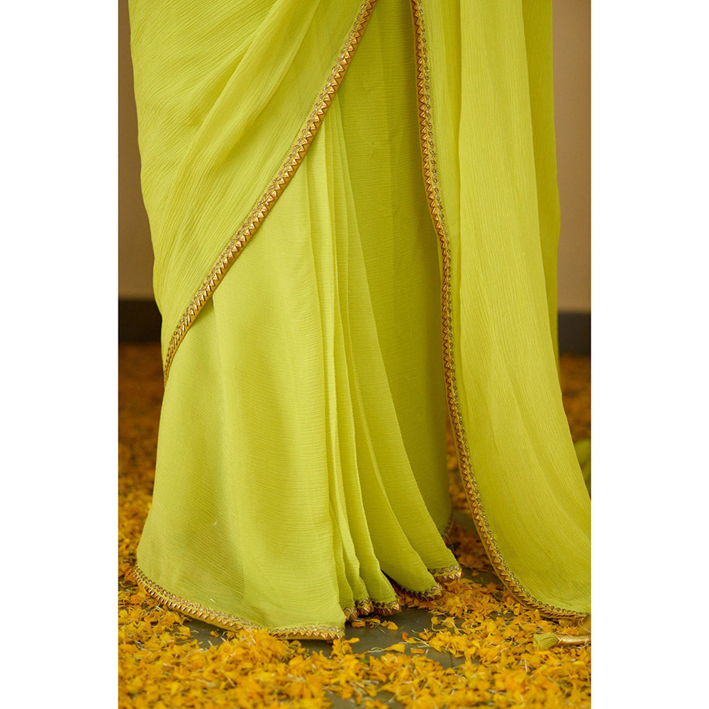 Nikasha Lime Green Pure Silk Chiffon Saree with Stitched Blouse