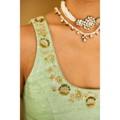 Nikasha Mint Foil Pure Silk Chiffon Saree with Stitched Blouse