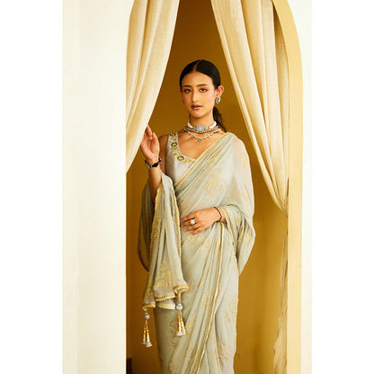 Nikasha Grey Foil Pure Silk Chiffon Saree with Stitched Blouse
