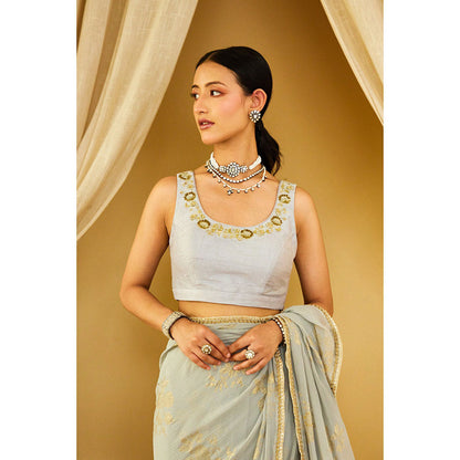 Nikasha Grey Foil Pure Silk Chiffon Saree with Stitched Blouse