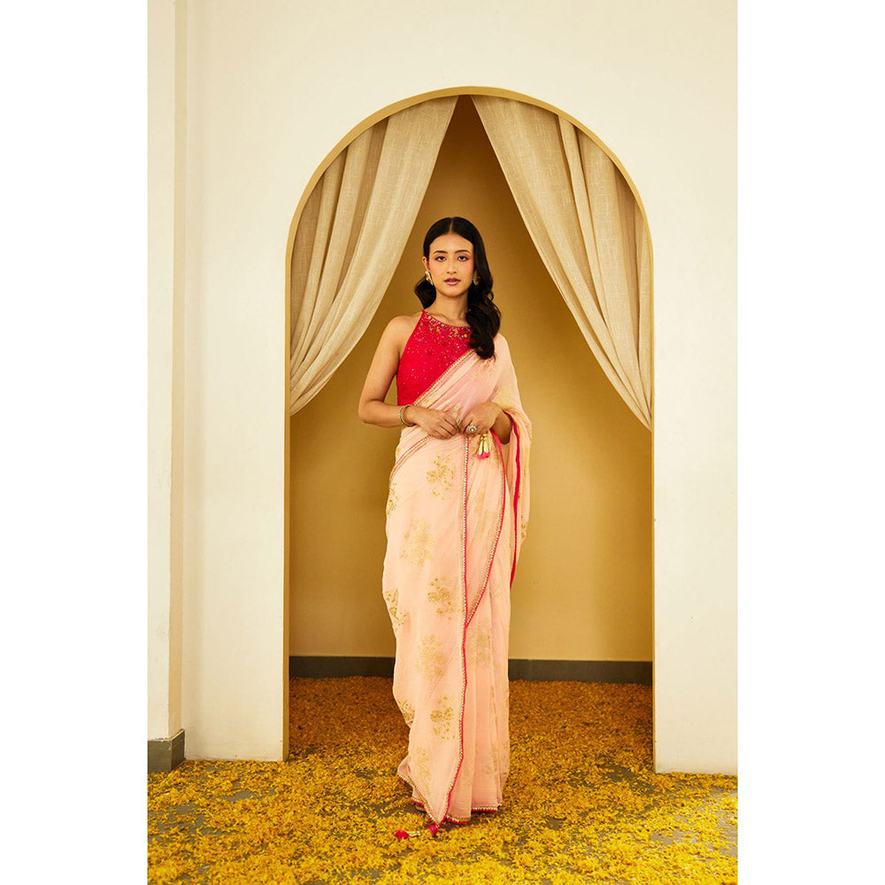 Nikasha Peach Foil Pure Silk Chiffon Saree with Stitched Blouse