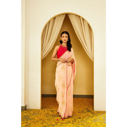Nikasha Peach Foil Pure Silk Chiffon Saree with Stitched Blouse