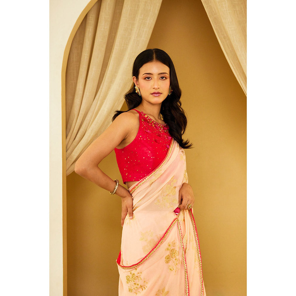 Nikasha Peach Foil Pure Silk Chiffon Saree with Stitched Blouse
