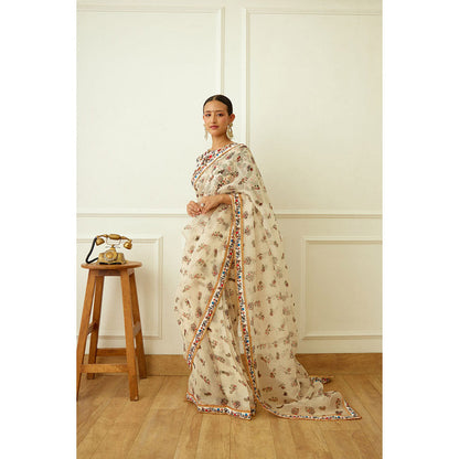 Nikasha Ivory Kohinoor Jaal Pure Silk Organza Saree with Stitched Blouse