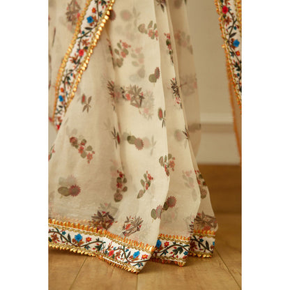 Nikasha Ivory Kohinoor Jaal Pure Silk Organza Saree with Stitched Blouse