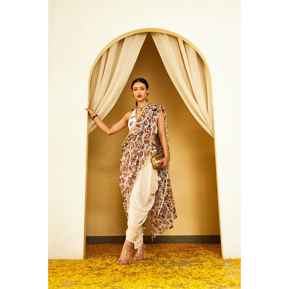 Nikasha Ivory Kohinoor Jaal Pure Kota Doriya Dhoti Saree with Stitched Blouse