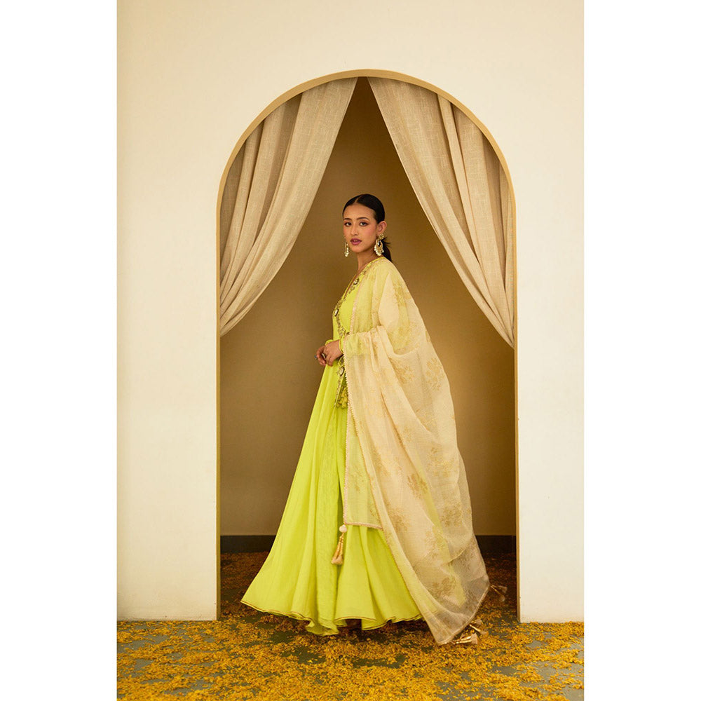 Nikasha Lime Green Embroidered Angarkha (Set of 3)