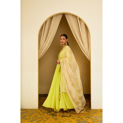 Nikasha Lime Green Embroidered Angarkha (Set of 3)