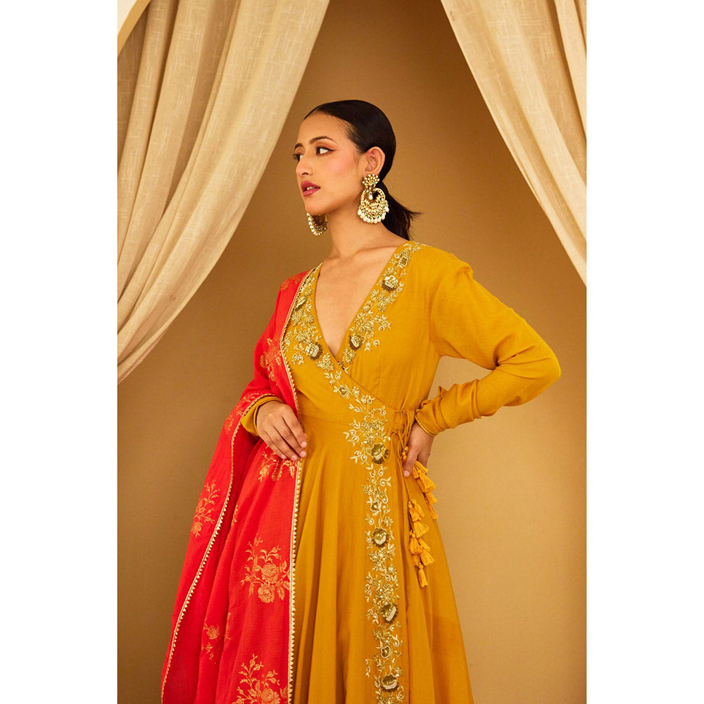 Nikasha Ochre Embroidered Angarkha (Set of 3)