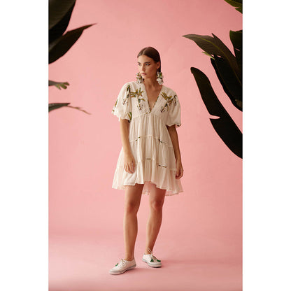 Nikasha Cream Bubble Sleeves Tier Dress