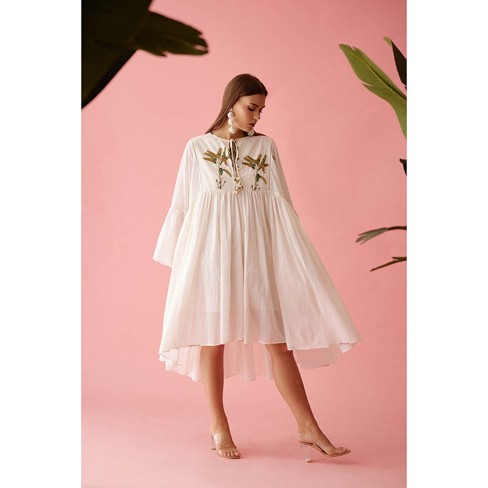 Nikasha Cream Banana Tree Print Yoke Frill Dress