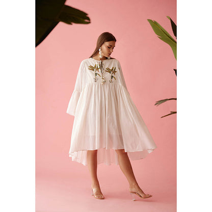 Nikasha Cream Banana Tree Print Yoke Frill Dress
