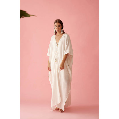 Nikasha Off-White Banana Tree Applique Kaftan Dress