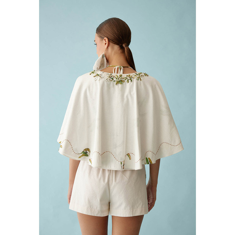 Nikasha Cream Fabric Ribbon Embroidered Flower Reversible Cape