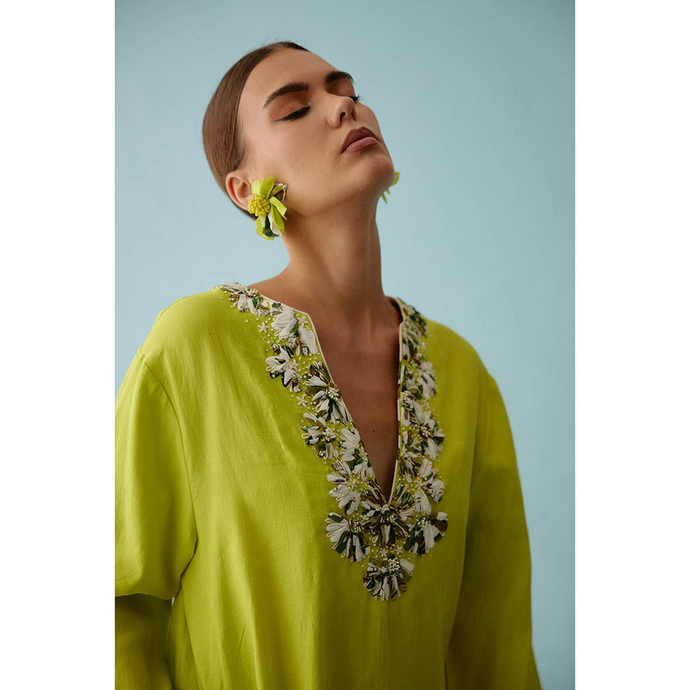 Nikasha Lime Green Fabric Ribbon Embroidery Flower Co-Ord (Set of 2)