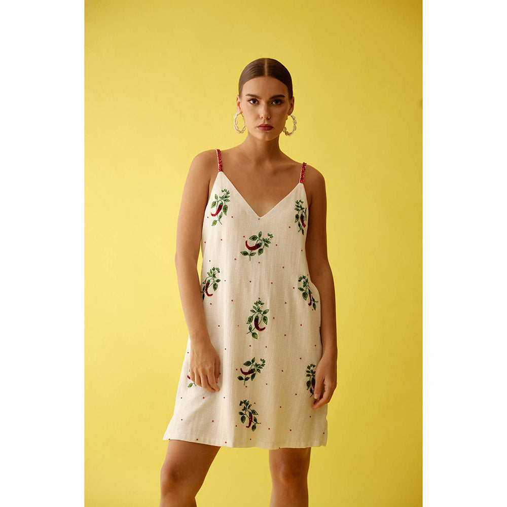 Nikasha Off-White Hand Painted Chilli Print V-Neck Slip Dress