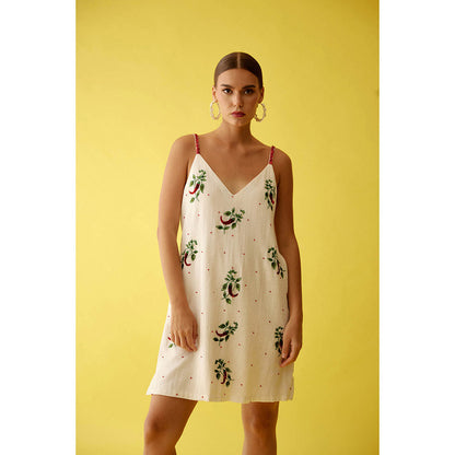 Nikasha Off-White Hand Painted Chilli Print V-Neck Slip Dress