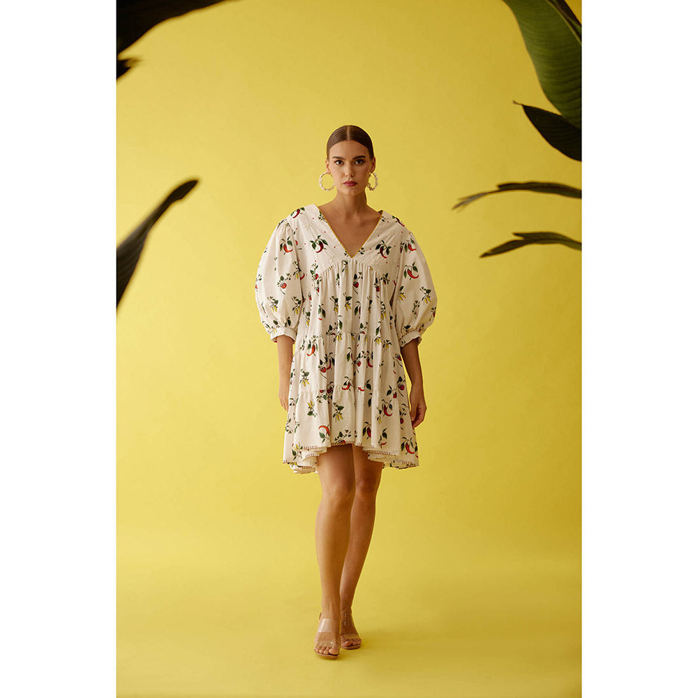 Nikasha Off-White Hand Painted Chilli Print Bubble Sleeve Tier Dress