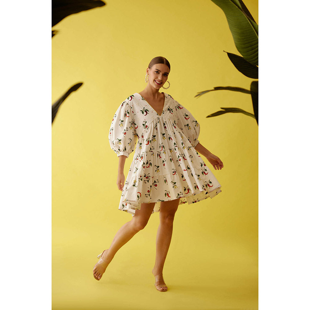 Nikasha Off-White Hand Painted Chilli Print Bubble Sleeve Tier Dress