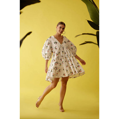 Nikasha Off-White Hand Painted Chilli Print Bubble Sleeve Tier Dress