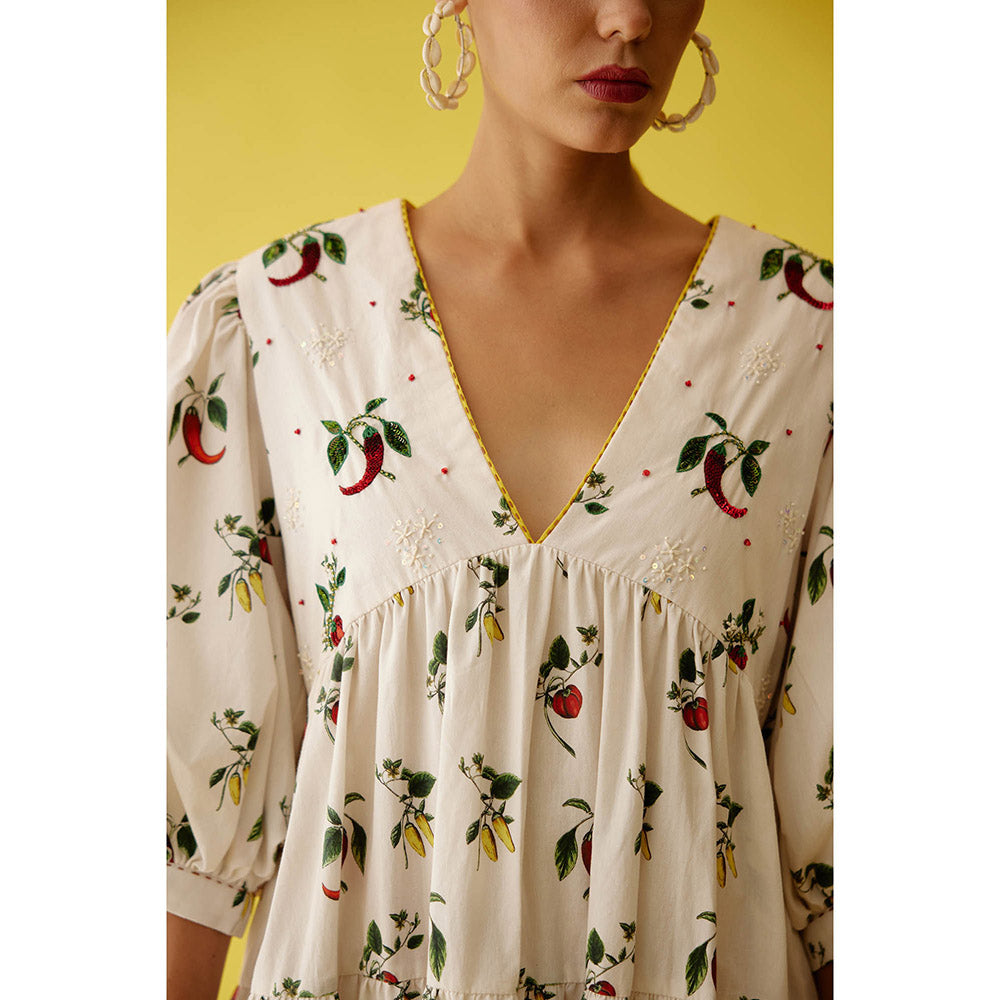 Nikasha Off-White Hand Painted Chilli Print Bubble Sleeve Tier Dress
