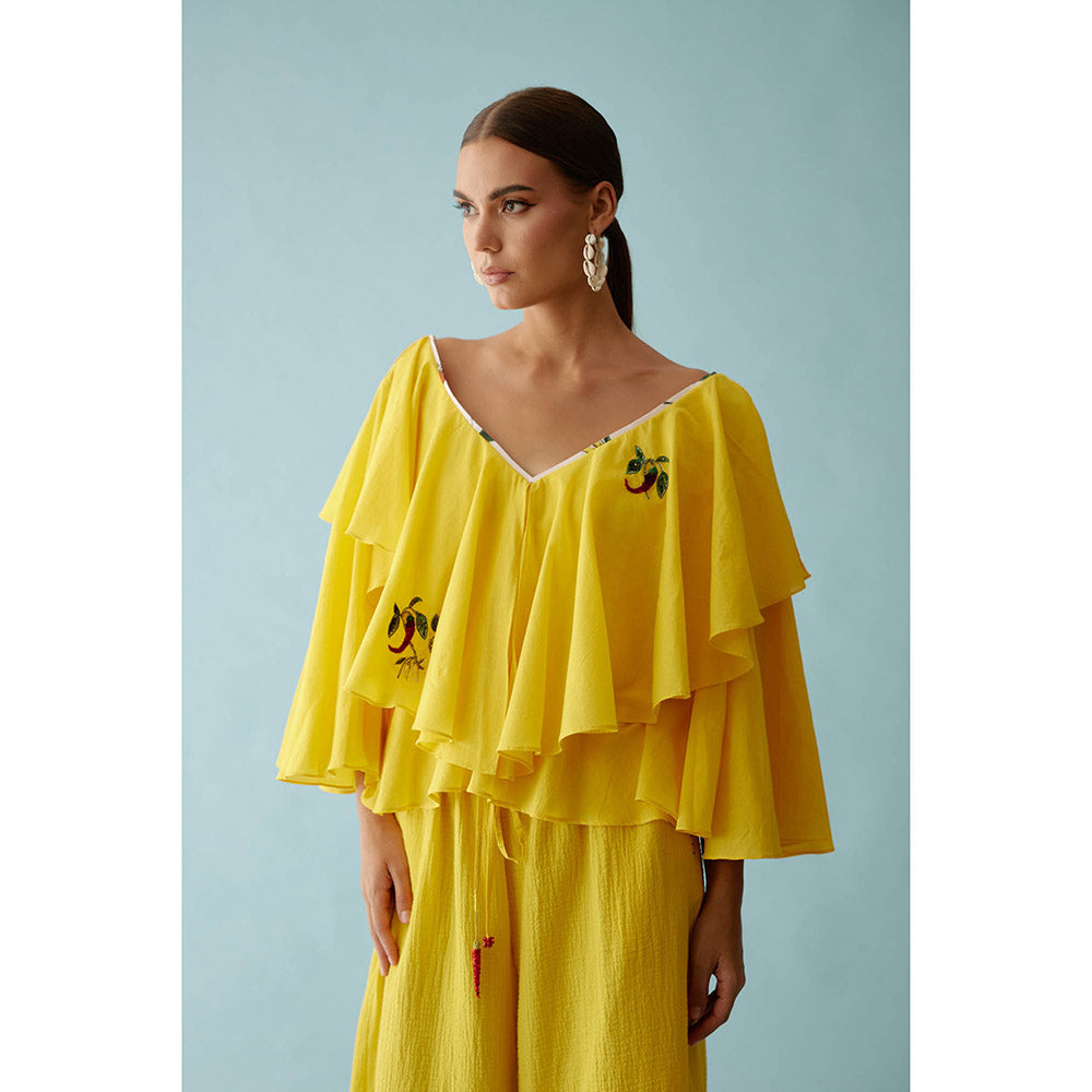 Nikasha Yellow Hand Embroidered Chillies Applique Co-Ord (Set of 2)