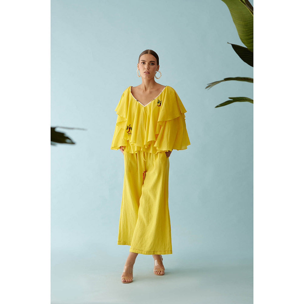 Nikasha Yellow Hand Embroidered Chilli Applique Wide Leg Pants
