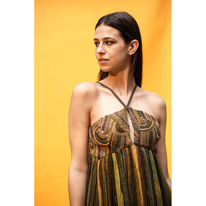 Nikita Mhaisalkar Green Stripe Print Dress with African Baroque Hand Embroidery