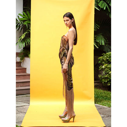 Nikita Mhaisalkar Tropical Brown Print Fringed Tube Dress