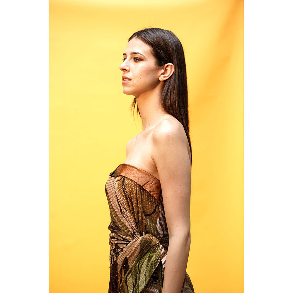 Nikita Mhaisalkar Tropical Brown Print Fringed Tube Dress