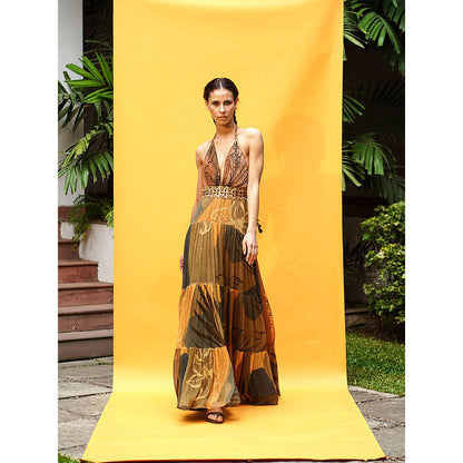 Nikita Mhaisalkar Tropical Mustard Print Maxi with African Baroque Hand Embroidery