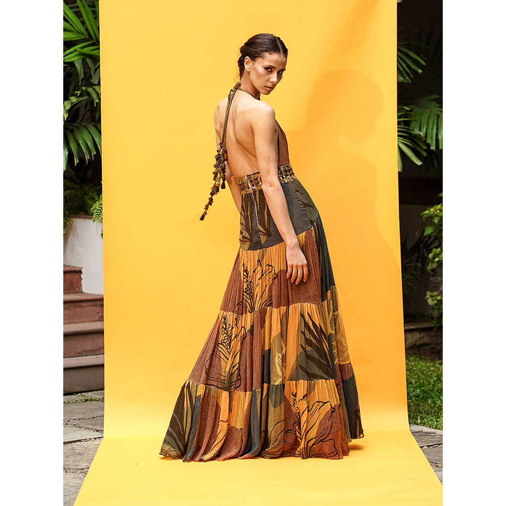 Nikita Mhaisalkar Tropical Mustard Print Maxi with African Baroque Hand Embroidery