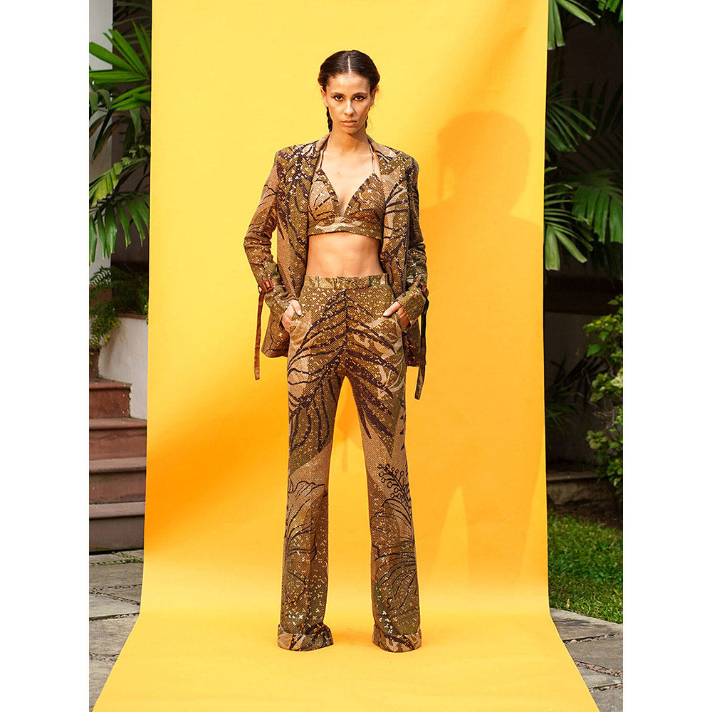 Nikita Mhaisalkar Tropical Brown Pant Suit (Set of 3)
