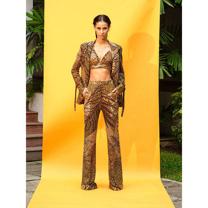Nikita Mhaisalkar Tropical Brown Pant Suit (Set of 3)