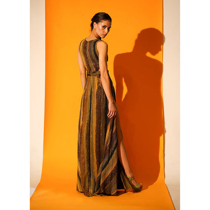 Nikita Mhaisalkar Green Stripe Print Cut-out High Slit Dress