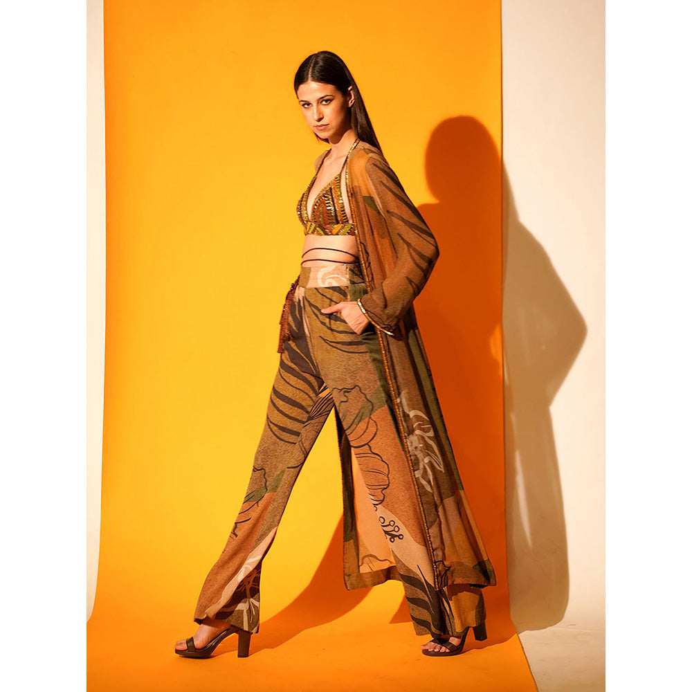 Nikita Mhaisalkar Tropical Brown Jacket Pants Co-ord with Hand Embroidered Border (Set of 2)