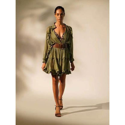 Nikita Mhaisalkar Green Lurex Short Dress with Inner (Set of 3)