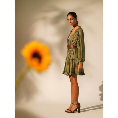 Nikita Mhaisalkar Green Lurex Short Dress with Inner (Set of 3)