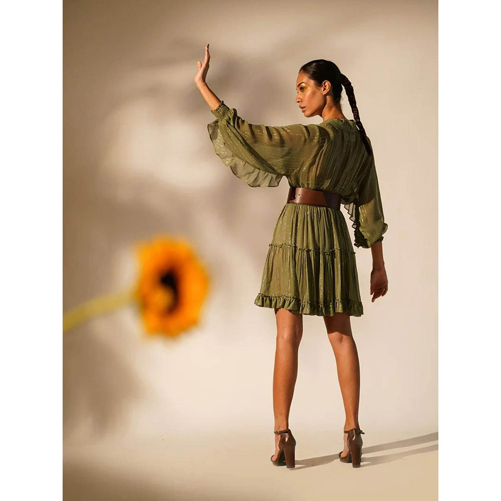 Nikita Mhaisalkar Green Lurex Short Dress with Inner (Set of 3)