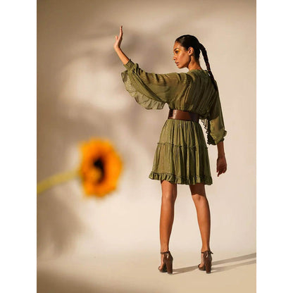 Nikita Mhaisalkar Green Lurex Short Dress with Inner (Set of 3)