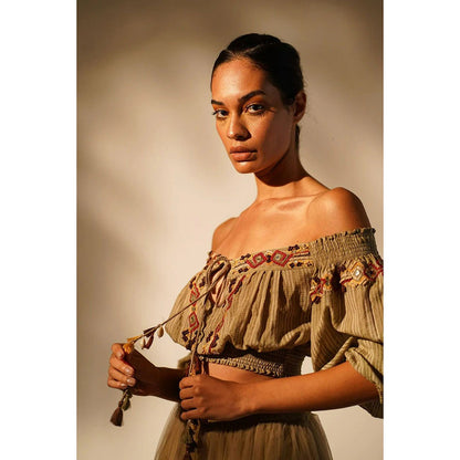 Nikita Mhaisalkar Off Shoulder Tan with Hand Thread and Wooden Embellishment