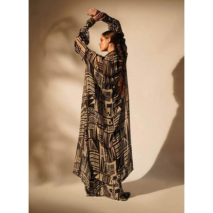 Nikita Mhaisalkar Black Base Maxi and Jacket with Hand Thread and Wooden (Set of 2)