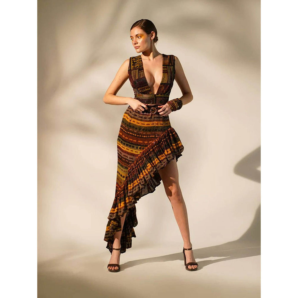 Nikita Mhaisalkar Multicolour Stripe Print Ruffle Skirt with Belt (Set of 2)